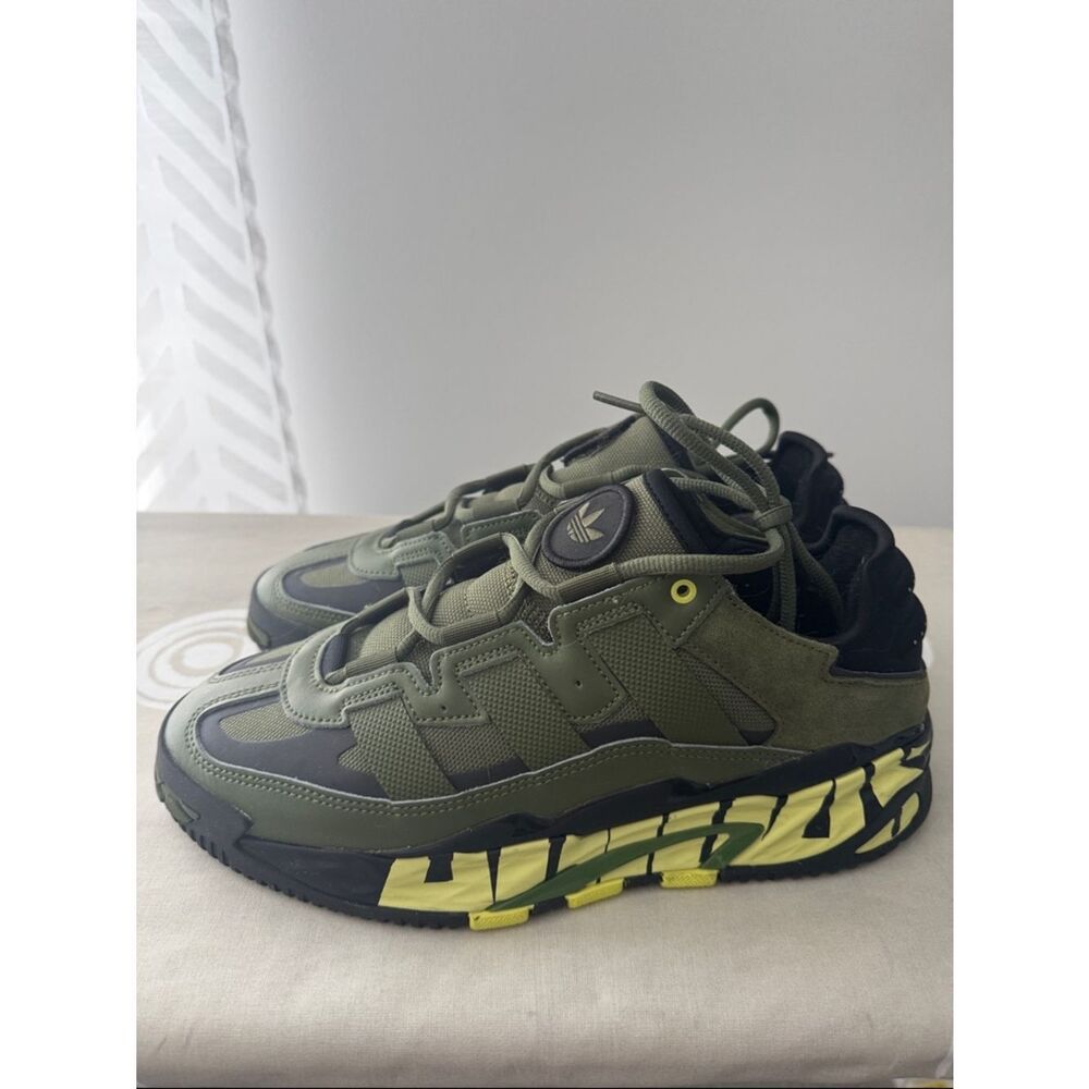 adidas Olive Green and Black Chunky Athletic Sneakers with Neon Accents